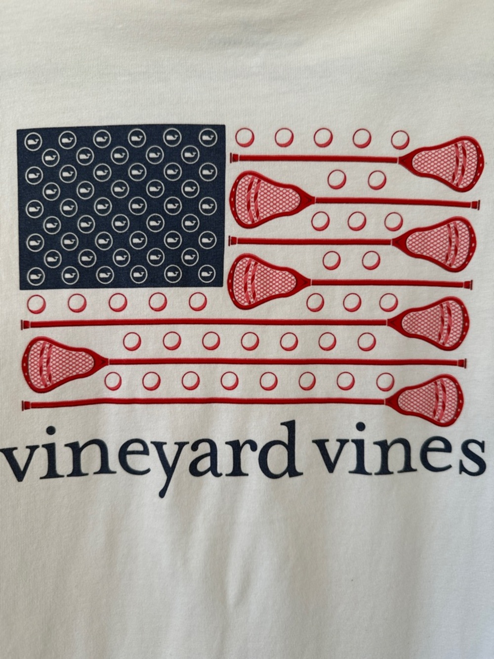 Vineyard Vines White Tee with Navy & Red Lacrosse Flag Graphic -